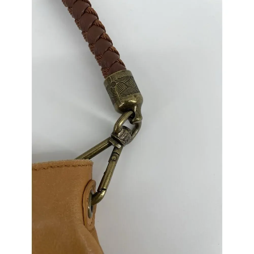 The Sak Camel Brown Leather Purse Braided Strap and Zipper Pulls Hobo Shoulder